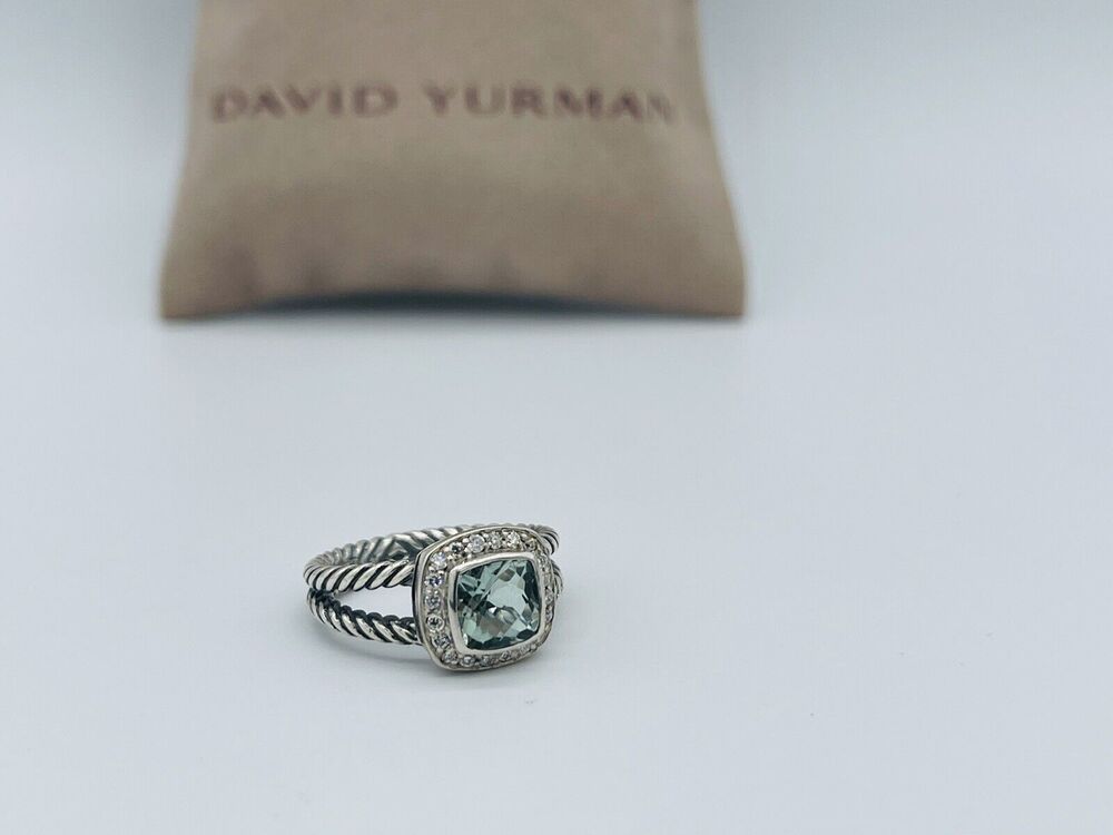 David Yurman Sterling Silver petite Albion w/Prasiolite & diamonds ring Size 7